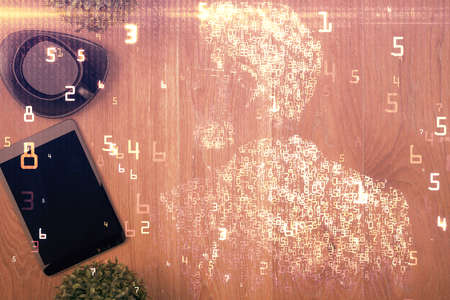 Multi exposure of technology theme drawing over table with phone. Top view. Concept of hightech.