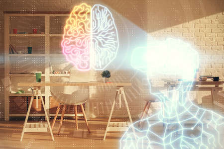 Double exposure of man in VR glasses drawing and office interior background. Concept of AR.の写真素材