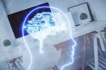 Multi exposure of brain drawing and office interior background. Concept of data technology.の写真素材