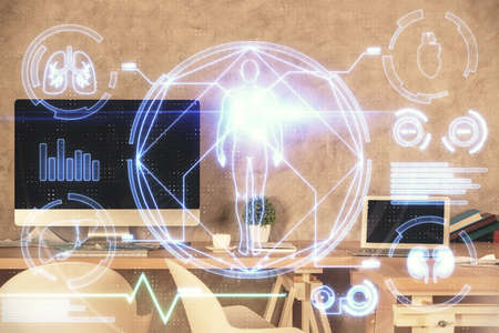Double exposure of education theme drawing and office interior background. Concept of science.