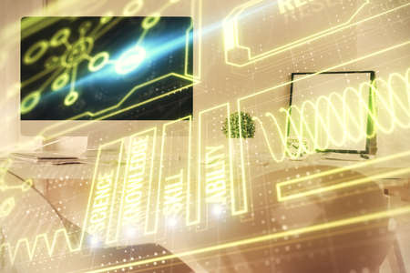 Double exposure of education theme drawing and office interior background. Concept of science.