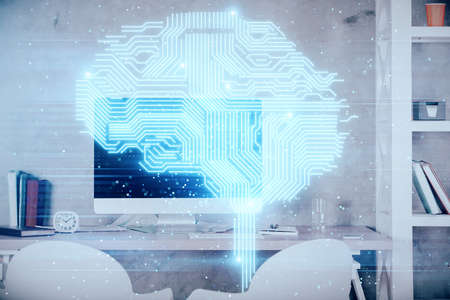 Multi exposure of brain drawing and office interior background. Concept of data technology.の写真素材