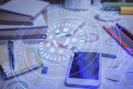 Double exposure of data theme drawing and mobile phone background. Concept of innovation