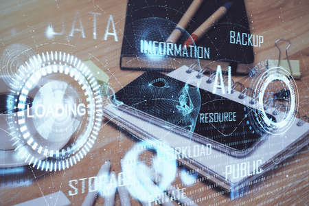 Double exposure of data theme drawing and mobile phone background. Concept of innovationの写真素材