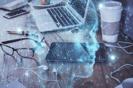 Double exposure of brain theme drawing and cell phone background. Concept of informationの写真素材