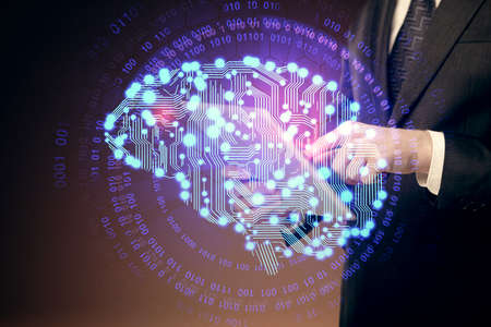 Double exposure of man's hand holding and using a digital device and brain hologram drawing. Data concept.の写真素材