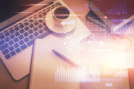 Multi exposure of data theme drawing hologram over topview work desk background with computer....