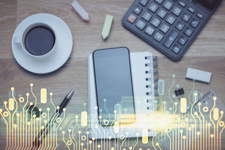 Multi exposure of technology theme drawing over work table desktop. Top view. Global data analysis...