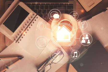 Multi exposure of smart city technology drawing over table with phone. Top view.の写真素材