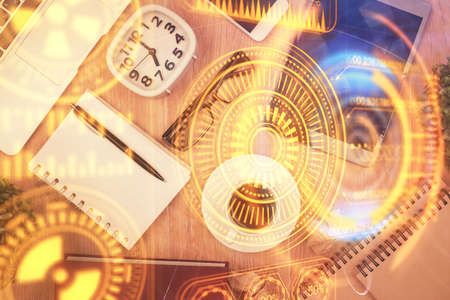 Multi exposure of technology theme drawing over table with phone. Top view. Concept of hightech.