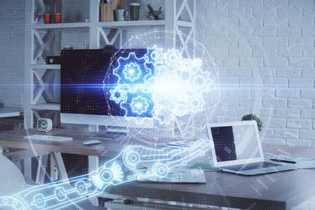 Multi exposure of data theme drawing and office interior background. Concept of technology.