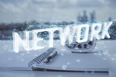 Multi exposure of data theme drawings and desk with open notebook background. Concept of educationの写真素材