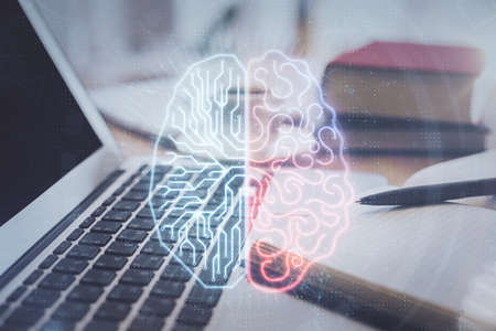 Double exposure of brain drawing and desktop with coffee and items on table background. Concept of research.の写真素材
