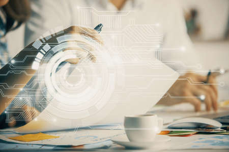 Double exposure of data theme sketch drawing over people writing background. Concept of technology