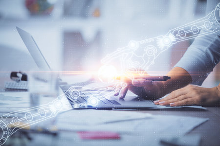 Double exposure of woman hands working on computer and data theme hologram drawing. Tech concept.