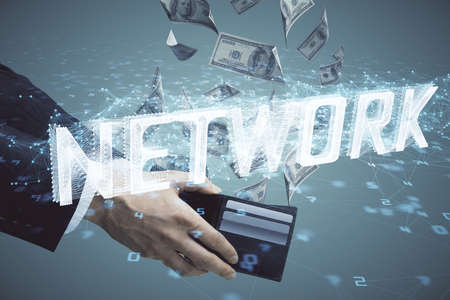 Multi exposure of technology drawing hologram and us dollars bills and man hands. Data concept