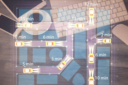 Multi exposure of auto technology theme drawing over table with phone. Top view. Concept of...