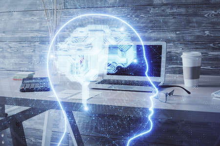 Double exposure of brain drawing and office interior background. Concept of data technology.の写真素材