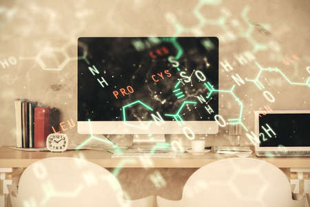 Double exposure of formulas drawing and office interior background. Concept of education.の写真素材