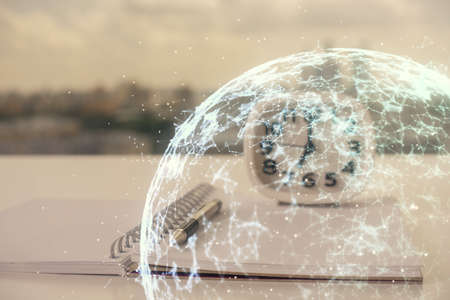 Double exposure of social network theme drawings and desk with open notebook background. Concept of...