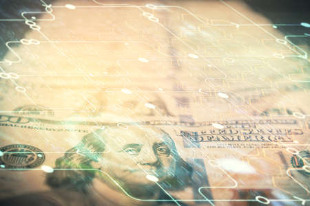 Double exposure of data theme drawing over us dollars bill background. Technology concept.の写真素材