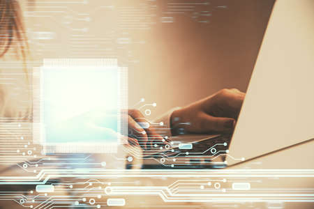 Multi exposure of woman hands working on computer and data theme hologram drawing. Tech concept.