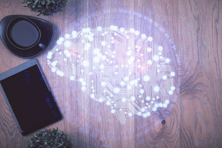 Multi exposure of brain drawing over work table desktop. Top view. Global data analysis concept.