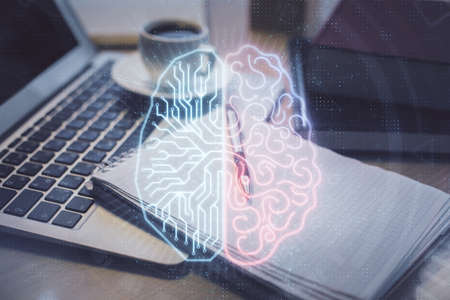 Double exposure of brain drawing and desktop with coffee and items on table background. Concept of...