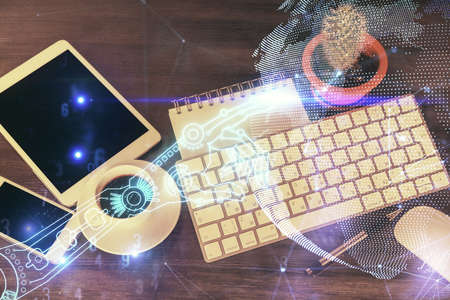 Multi exposure of technology theme drawing over table with phone. Top view. Concept of hightech.
