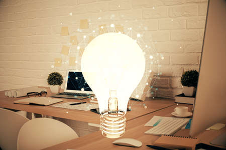 Double exposure of bulb and office interior background. Concept of idea.の写真素材