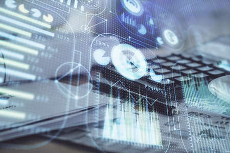 Multi exposure of data theme drawings and desk with open notebook background. Concept of education