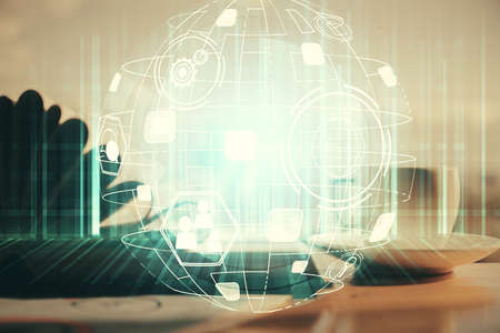 Double exposure of social network drawing and desktop with coffee and items on table background....