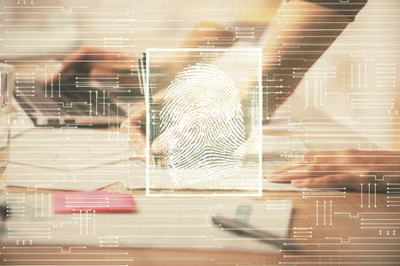 Double exposure of woman hands typing on computer and fingerprint drawing. Security concept.