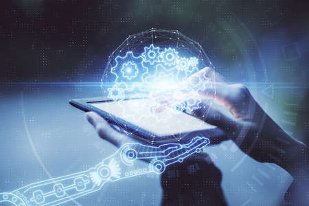 Double exposure of technology sketch hologram and woman holding and using a mobile device. Ai...