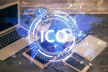 Double exposure of blockchain theme drawing and cell phone background. Concept of cryptomarket