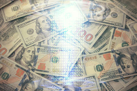 Double exposure of data theme drawing over us dollars bill background. Technology concept.