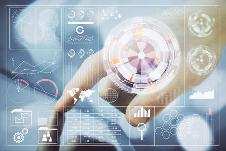 Multi exposure of man's hand holding and using a digital device and data theme drawing. Innovation...