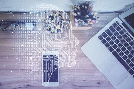 Double exposure of brain drawing over work table desktop. Top view. Global data analysis concept.の写真素材