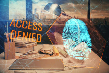 Double exposure of finger print and office interior background. Concept of security.の写真素材