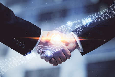 Double exposure of data theme hologram and handshake of two men. Partnership in IT industry concept.の写真素材
