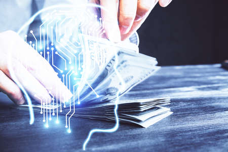Multi exposure of brain drawing hologram and us dollars bills and man hands. Ai invest conceptの写真素材