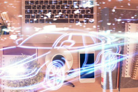 Multi exposure of auto technology theme drawing over table with phone. Top view. Concept of automatic pilot.の写真素材