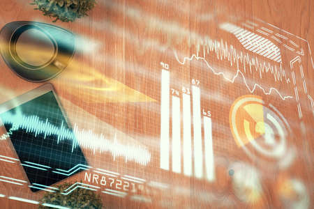 Multi exposure of technology theme drawing over table with phone. Top view. Concept of hightech.