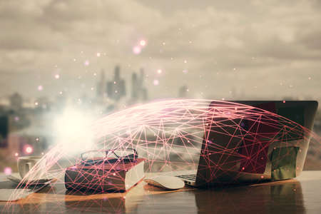 Double exposure of social network theme drawings and desk with open notebook background. Concept of...