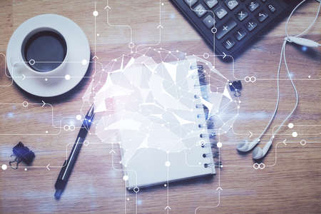 Double exposure of brain sketch and table top veiw. Concept of data analysis.