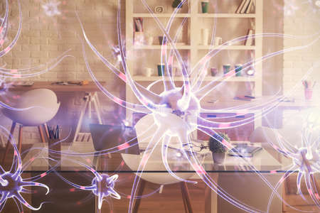 Double exposure of neuron drawing and office interior background. Concept of education.