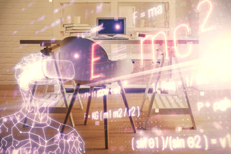Double exposure of formulas drawing and office interior background. Concept of education.の写真素材