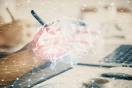 Double exposure of brain drawing over people taking notes background. Concept of Aiの写真素材