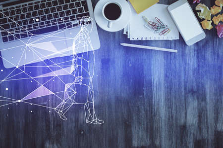 Start up theme drawing over computer on the desktop background. Top view. Double exposure. Brainstorm concept.の写真素材