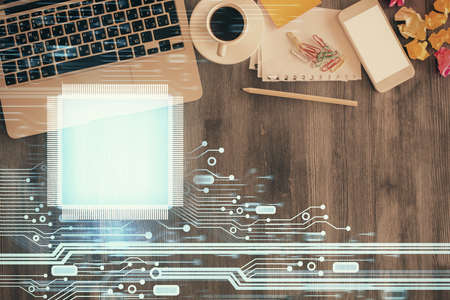 Multi exposure of data theme drawing hologram over topview work desk background with computer....